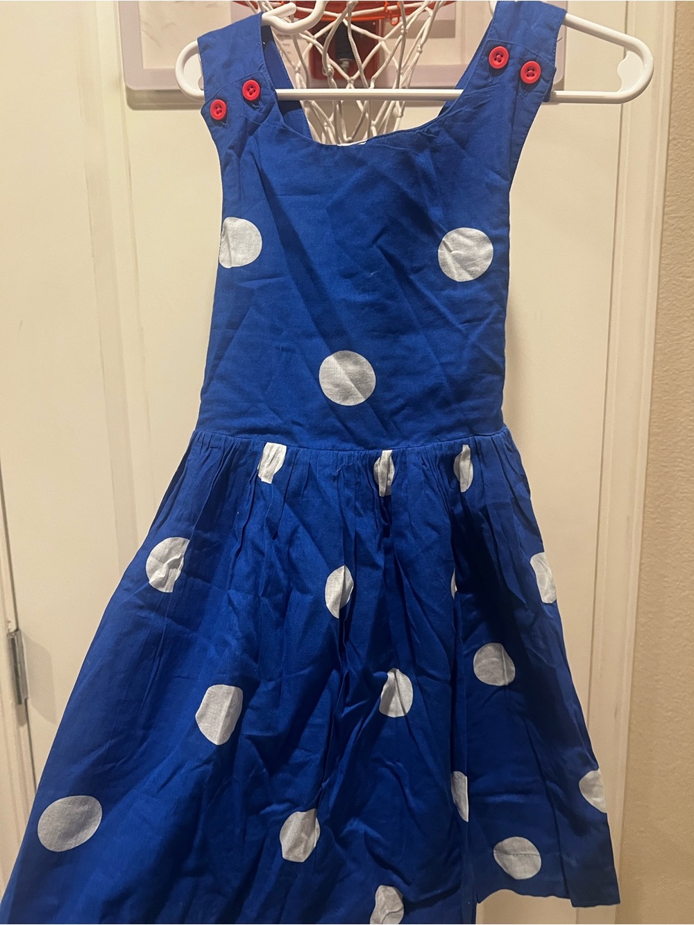 Mini Boden Royal Blue Polka Dot Dress with Red Buttons